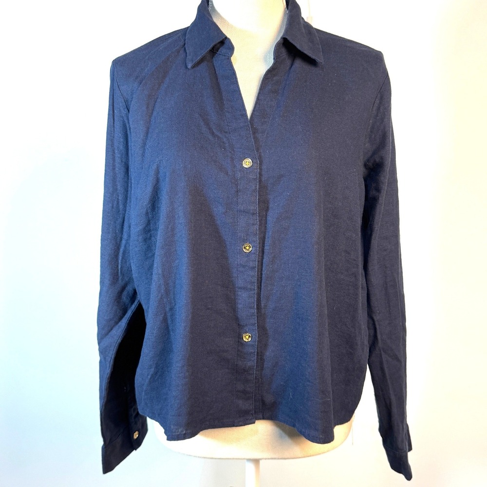 NWT Crop Michael Kors Midnight Blue‎ Linen Button Down Shirt QS440N0EU2 Size L